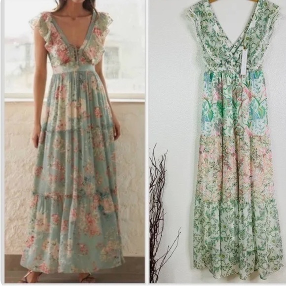 New House of Harlow Patchwork Floral Print V Neck Tiered Maxi Dress🌸 Large NWOT - Picture 1 of 14
